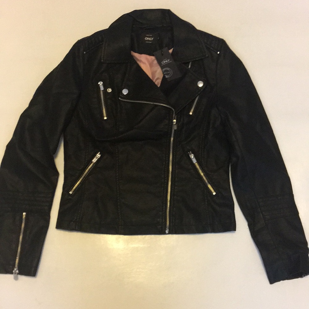 ONLY Gemma Faux Leather Biker Black Coat Ladies Size 6